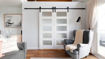 Smart TV, fireplace, books, music library