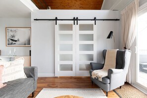 Smart TV, fireplace, books, music library
