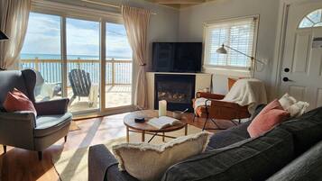 TV connectée, cheminée, livres, médiathèque