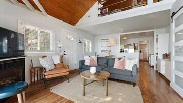Smart TV, fireplace, books, music library