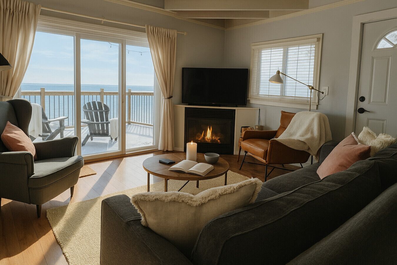 TV connectée, cheminée, livres, médiathèque