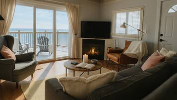 Smart TV, fireplace, books, music library