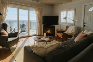 Smart TV, fireplace, books, music library