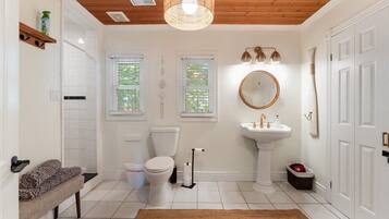 Hair dryer, towels, soap, toilet paper