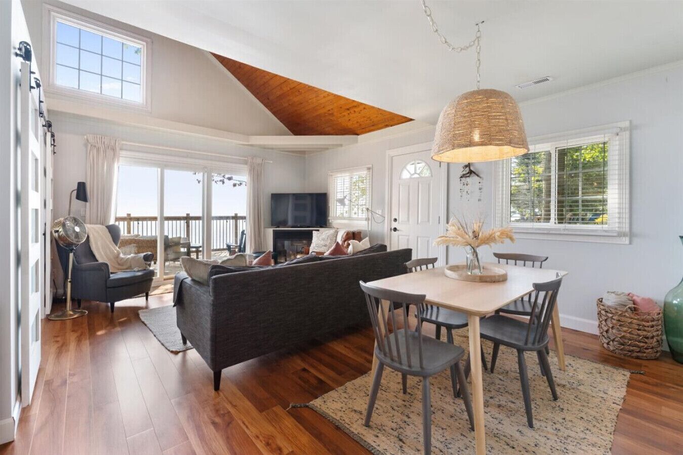 Smart TV, fireplace, books, music library