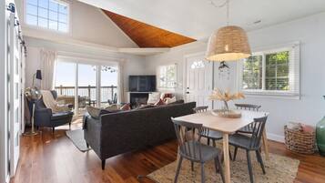 Smart TV, fireplace, books, music library