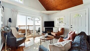 Smart TV, fireplace, books, music library