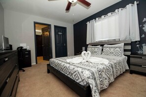 4 bedrooms, desk, iron/ironing board, travel crib