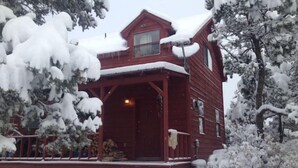 Eine rote Holzhütte mit Veranda, umgeben von schneebedeckten Bäumen.