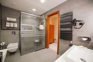 Shower, hydromassage showerhead, hair dryer, heated floors