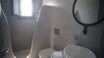 A bathroom with a toilet, a sink, and a shower.