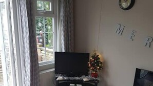 A living room with a television on a stand, a small Christmas tree, and a fireplace. - Lovely 2-bed Chalet at Robinhood Retreat Free Park (Newark)