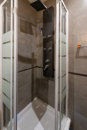 Shower, hair dryer, towels