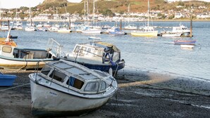 A marina with various boats docked, surrounded by a hilly landscape with houses in the background. - Sea Chest (Conwy)