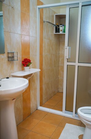 Shower, jetted bath, towels, soap