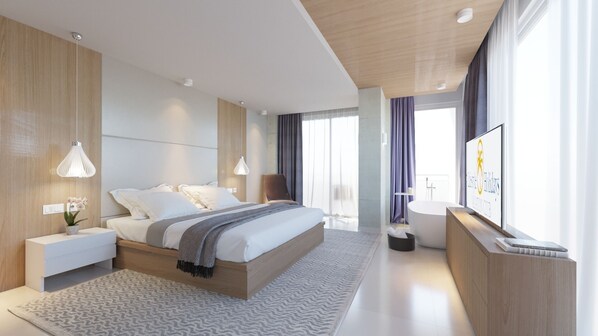 Una habitación de hotel moderna con una cama grande, mesitas de noche, un televisor de pantalla plana, un tocador con espejo y vistas a la ciudad a través de amplios ventanales.