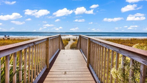 A wooden boardwalk leading to a beach with a clear sky.