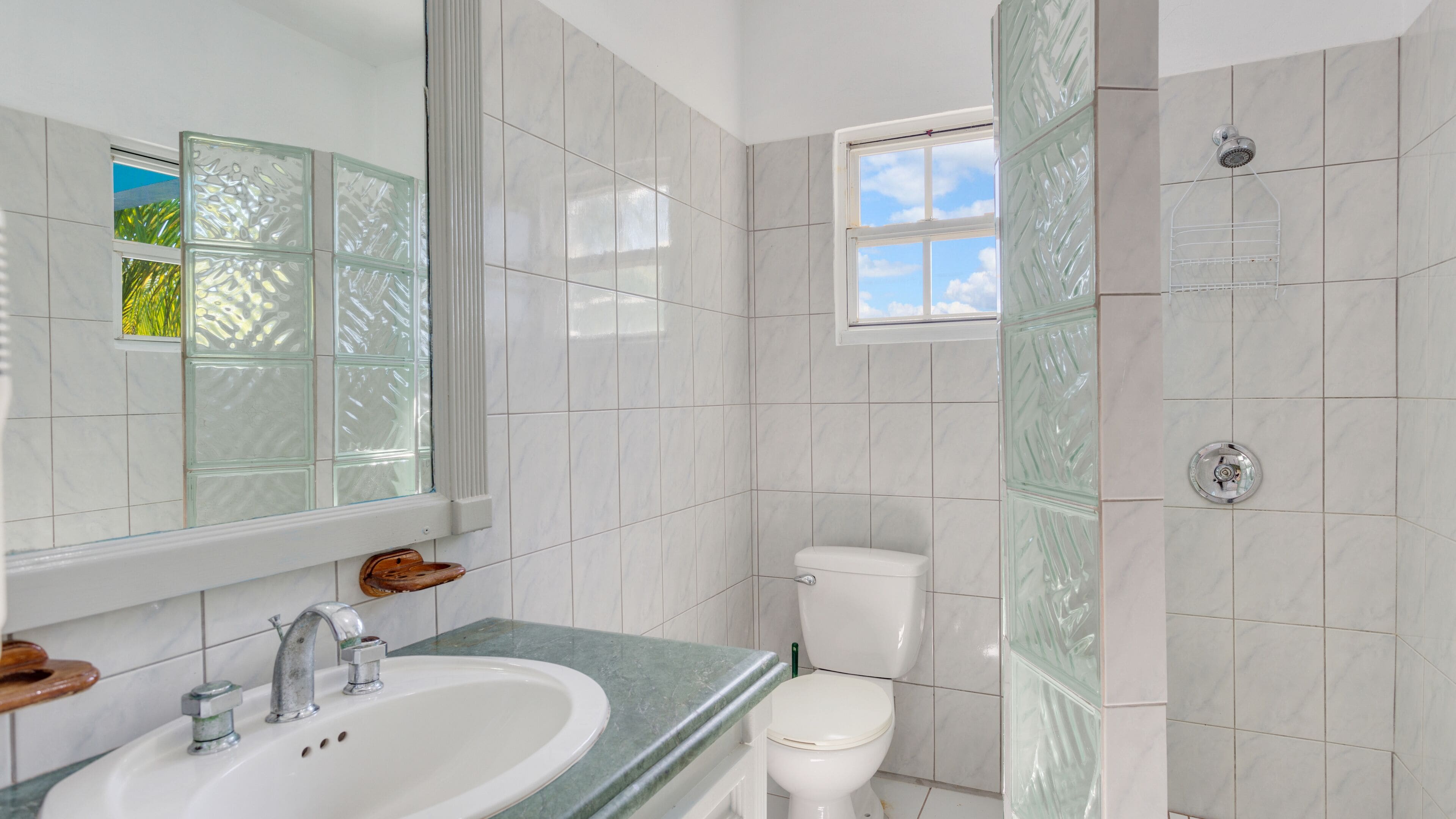 Une salle de bain avec un lavabo blanc, un miroir, des toilettes et un espace douche.