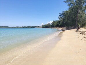 A beach with clear water, a sandy shore, and a few people walking.