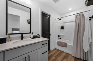 Hair dryer, towels, soap, shampoo