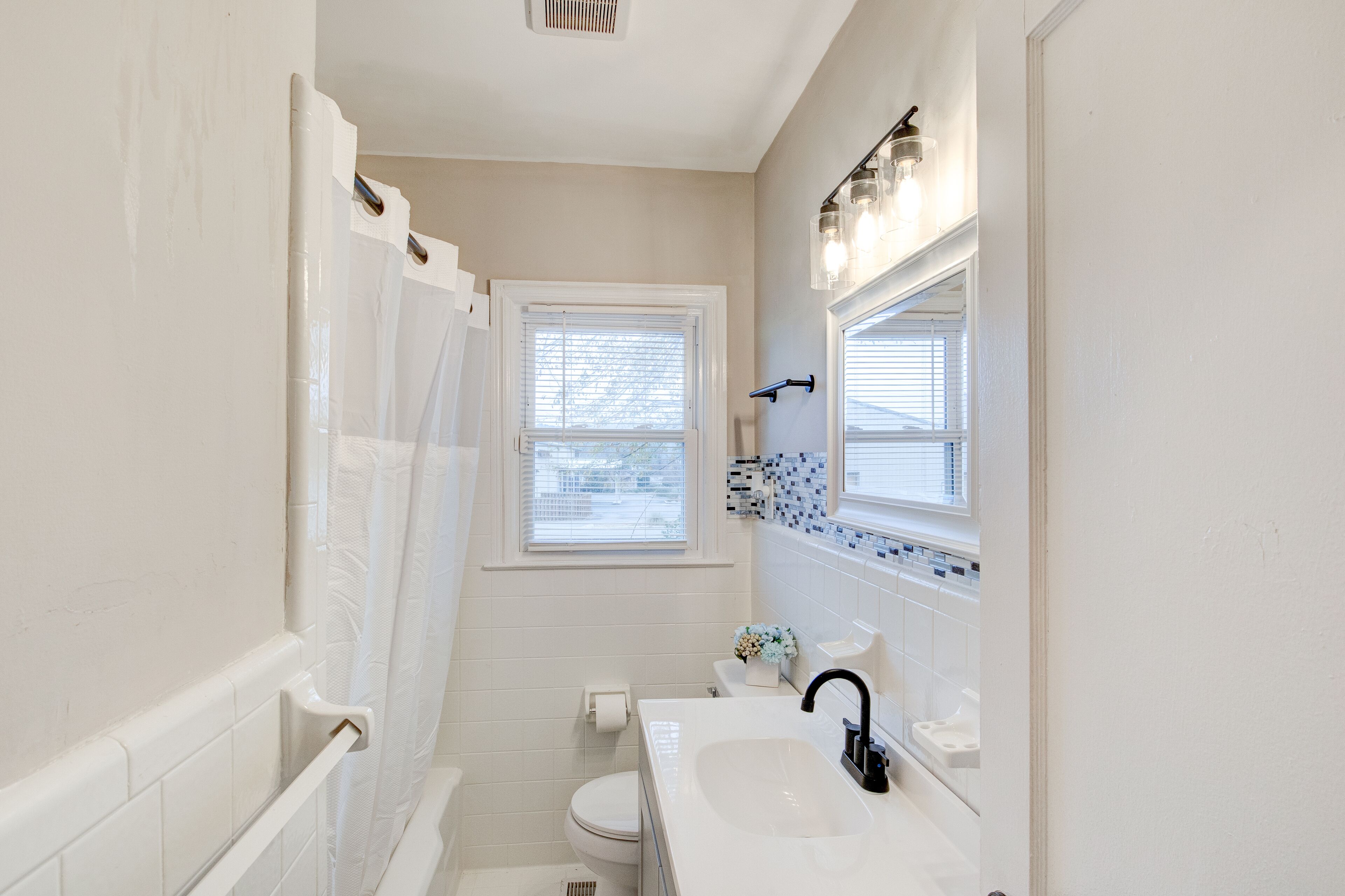 Hair dryer, towels, soap, shampoo