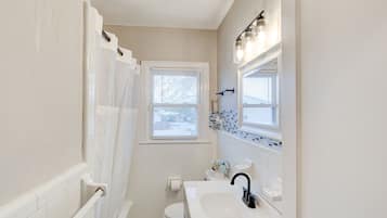 Hair dryer, towels, soap, shampoo