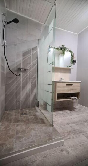 シャワー、ヘアドライヤー、タオル、トイレットペーパー