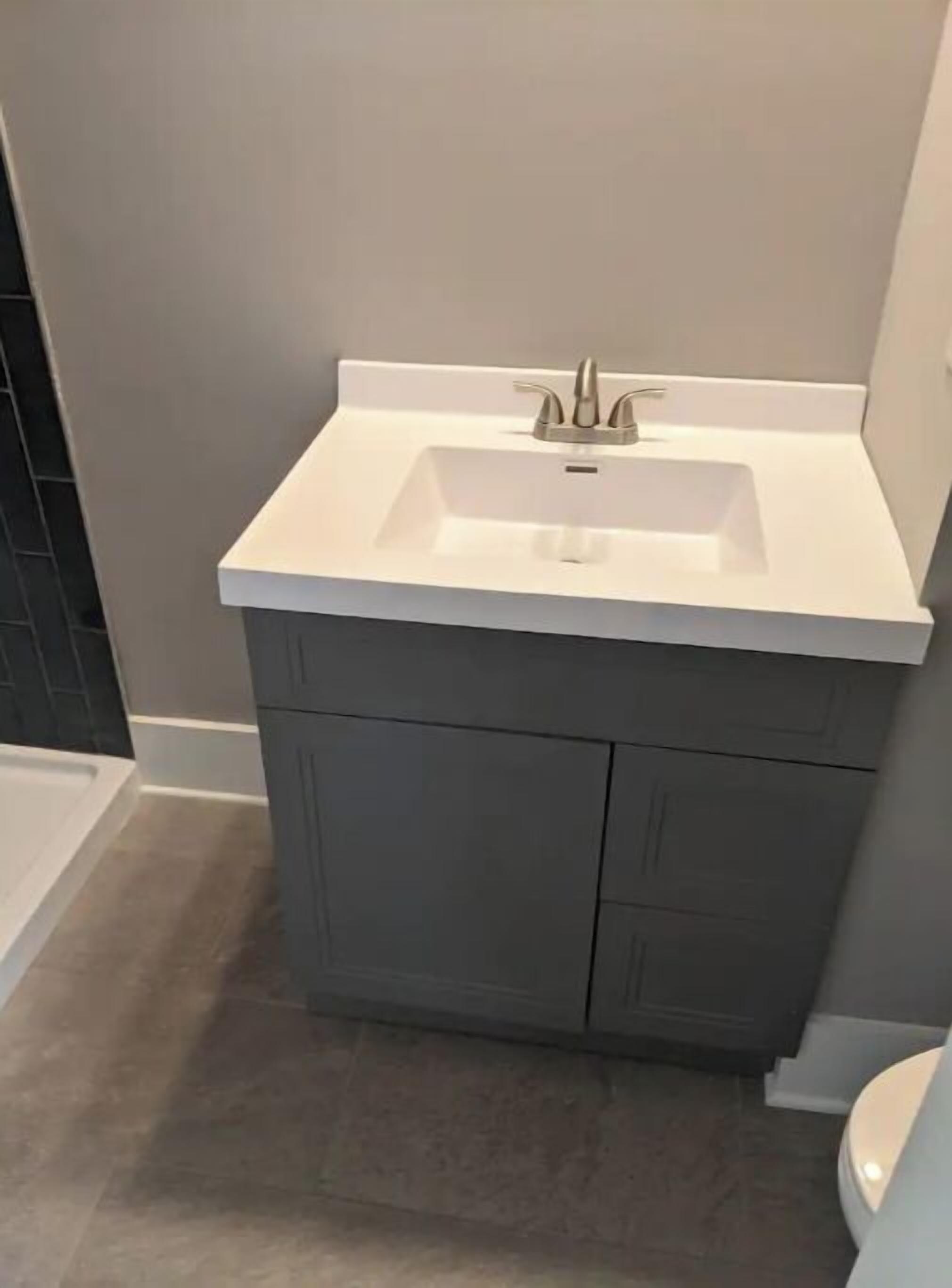 Un bany amb un lavabo blanc, mobles fosc grisos i una banyera.