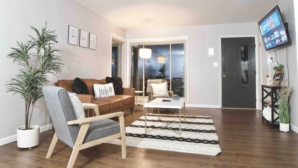 A living room with a brown sofa, a grey armchair, a white coffee table, and a black and white rug. There is a TV mounted on the wall and a plant in a white pot. - Salisbury (West Lafayette)