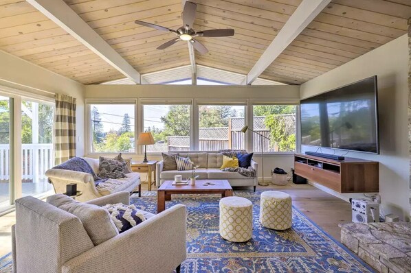 Smart TV, fireplace, DVD player, books