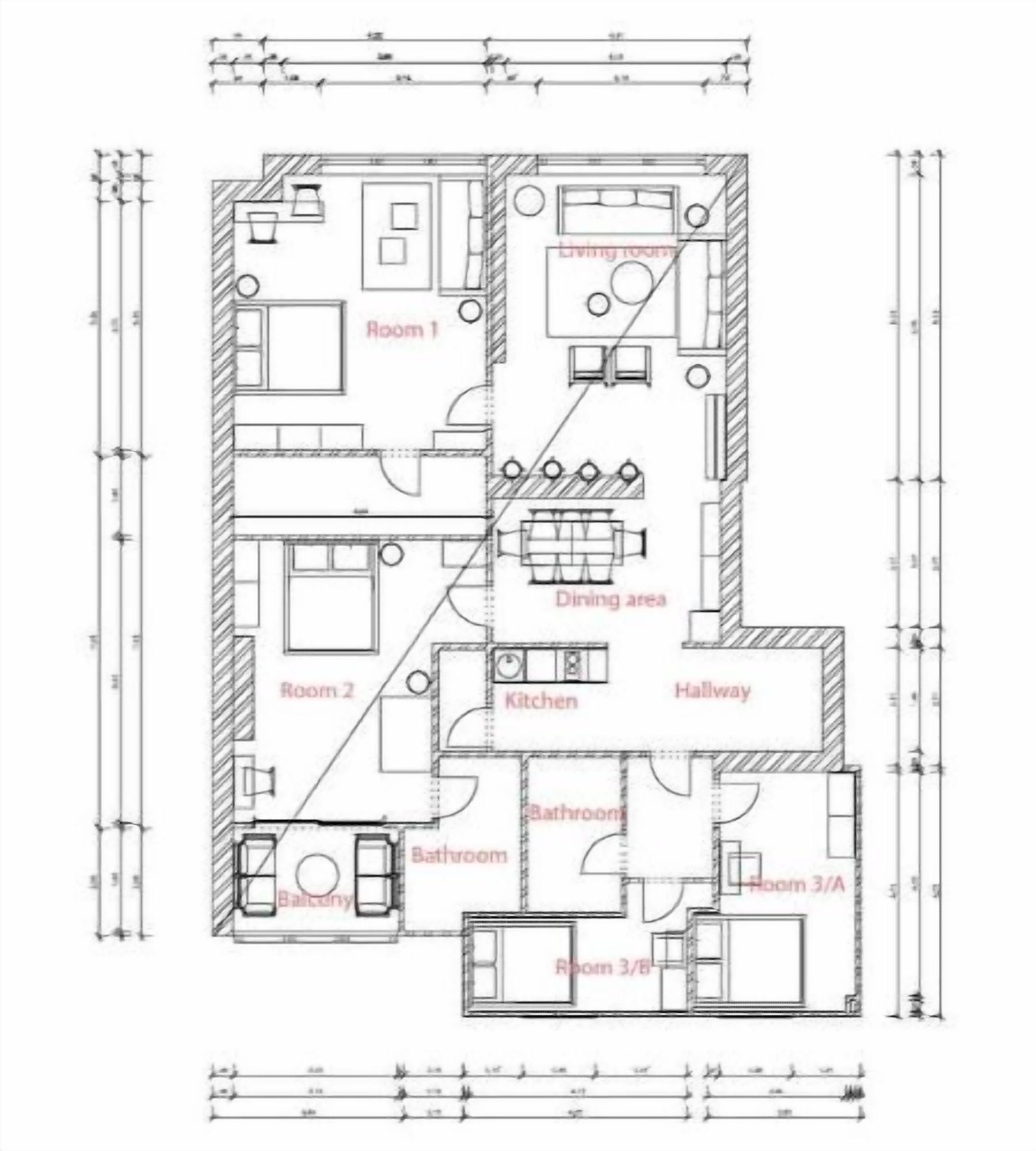 A floor plan of a hotel with a dining area, kitchen, three bedrooms, a bathroom, and a hallway.
