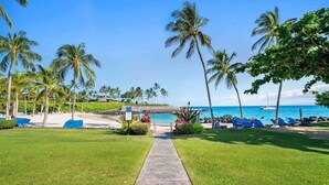 A pathway leading to a beach with palm trees and a clear blue sky. - Golfers Bliss (Kamuela)