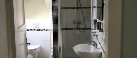 Shower, hair dryer, towels, toilet paper