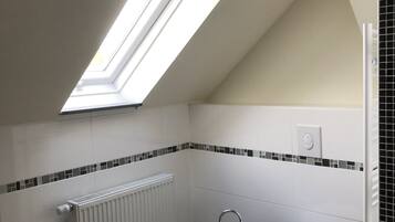 Regadera, secadora de cabello, toallas, papel de baño