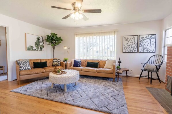 Smart TV, fireplace, books, stereo