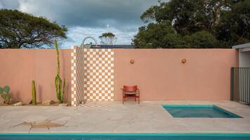 Outdoor pool, pool umbrellas, pool loungers