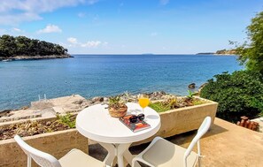 A table with a glass of orange juice, a book, and sunglasses on it, overlooking a calm sea with rocky shores and greenery. - 3 bedroom lovely home in Blato (Blato)