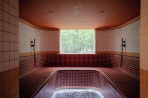 A hot tub with a view of trees through a window, tiled walls, and a ceiling with recessed lighting. - Sunnymead Hotel (Aireys Inlet)
