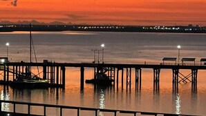 A pier extending into calm water with boats docked at the end, and a city skyline in the background.