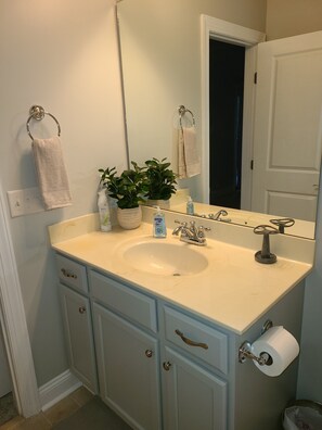 Hair dryer, towels, soap, shampoo