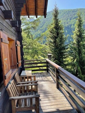 Une terrasse en bois avec une rambarde, des bancs en bois et une table.
