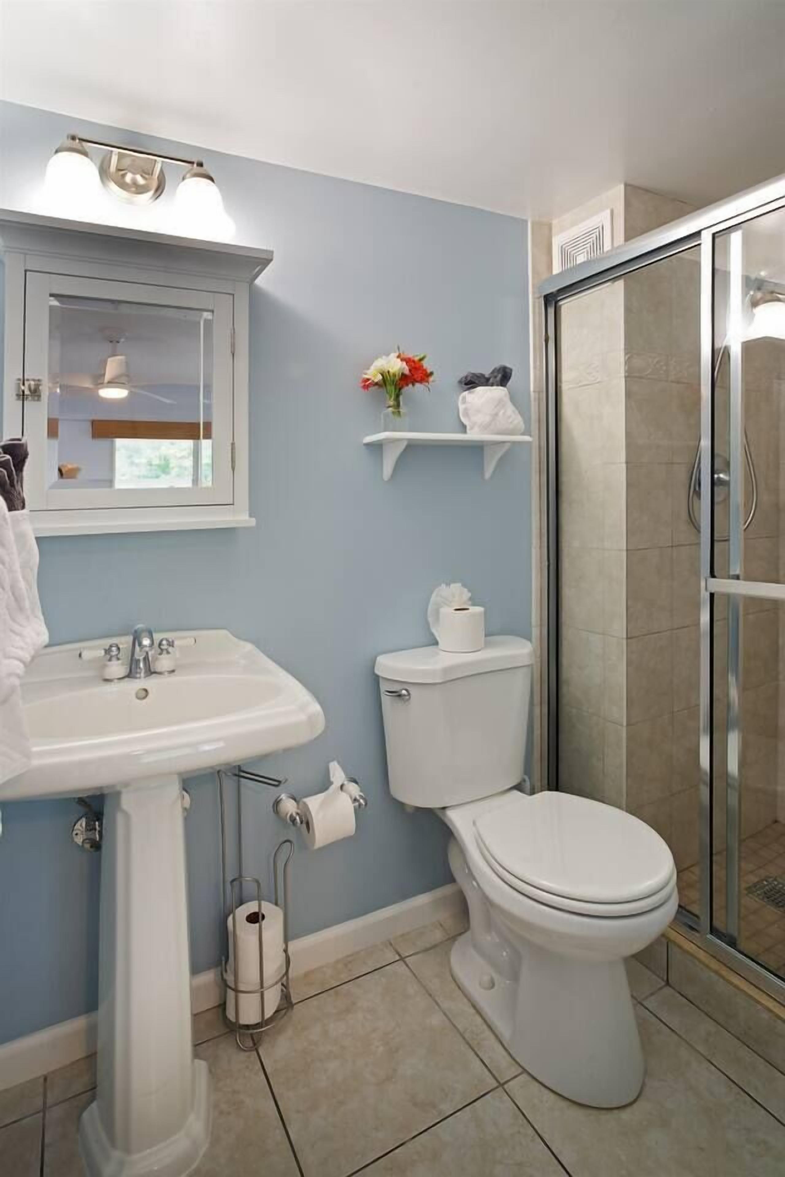 A bathroom with a sink, toilet, and shower.