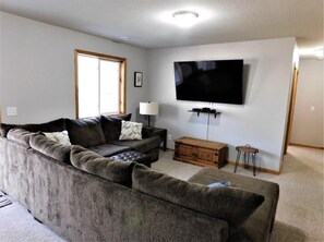 Smart TV, chimenea, reproductor de DVD y libros 