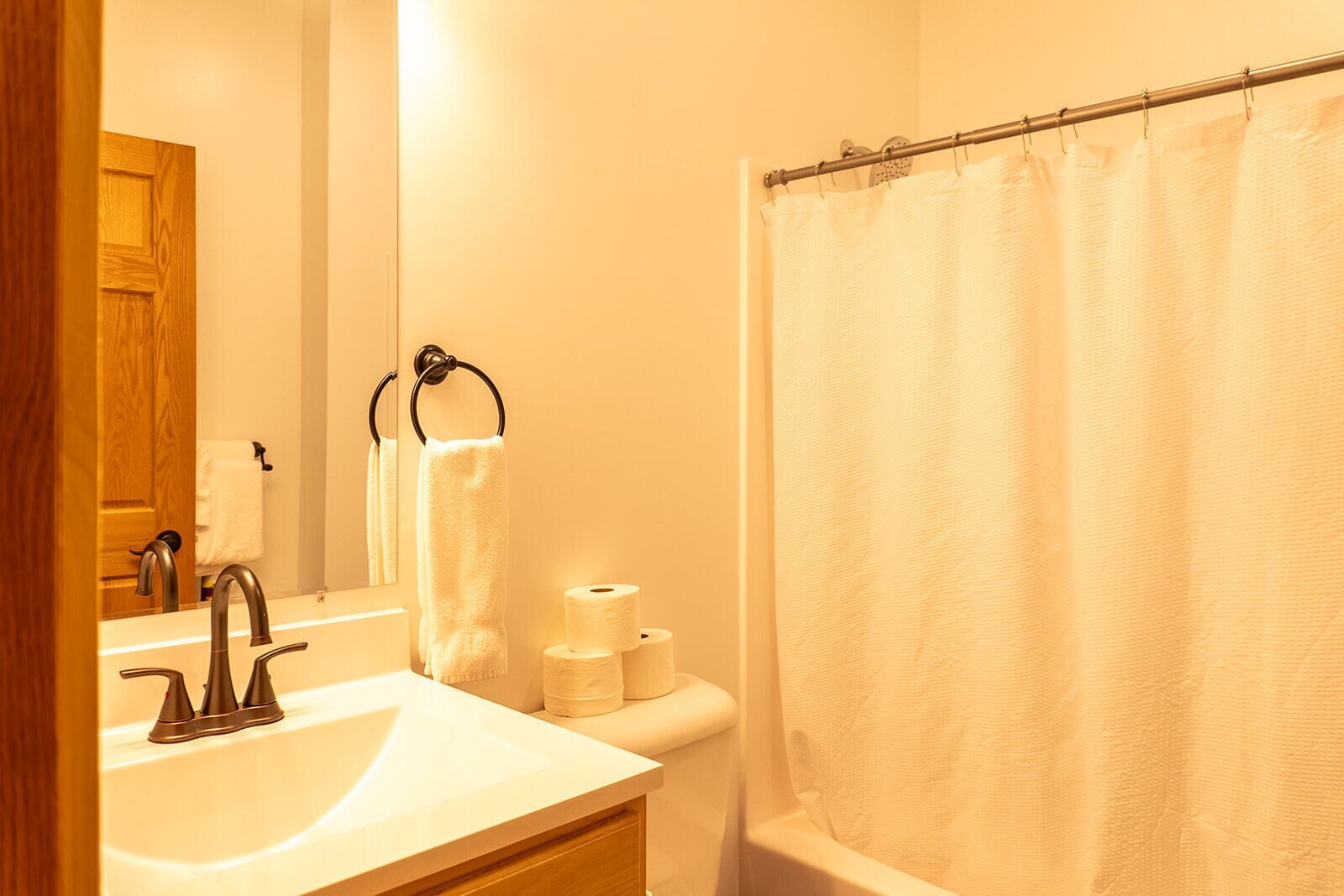 Un baño con lavamanos, espejo, toallero, papel higiénico y cortina de ducha.