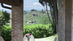 An outdoor patio with a table and chairs, a view of a green landscape, and a stone wall. - Private Villa with hot tub, sauna, A/C, private pool, WIFI, TV, patio, close to Greve In Chianti (Tavarnelle Val Di Pesa)