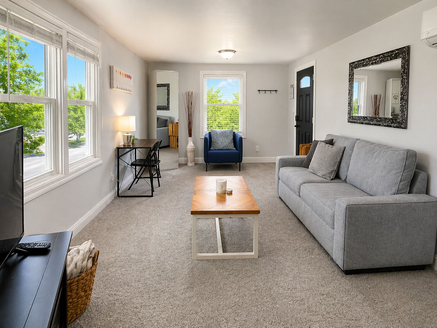 Smart TV, fireplace, DVD player, books