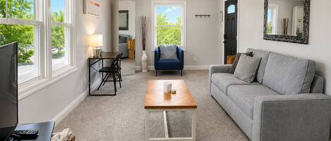 Smart TV, fireplace, DVD player, books