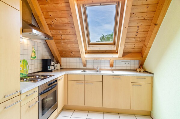 Fridge, oven, stovetop, dishwasher - Apartment "Beutenmühle Straussenfarm Dach" with Shared Garden & Balcony (Owingen)