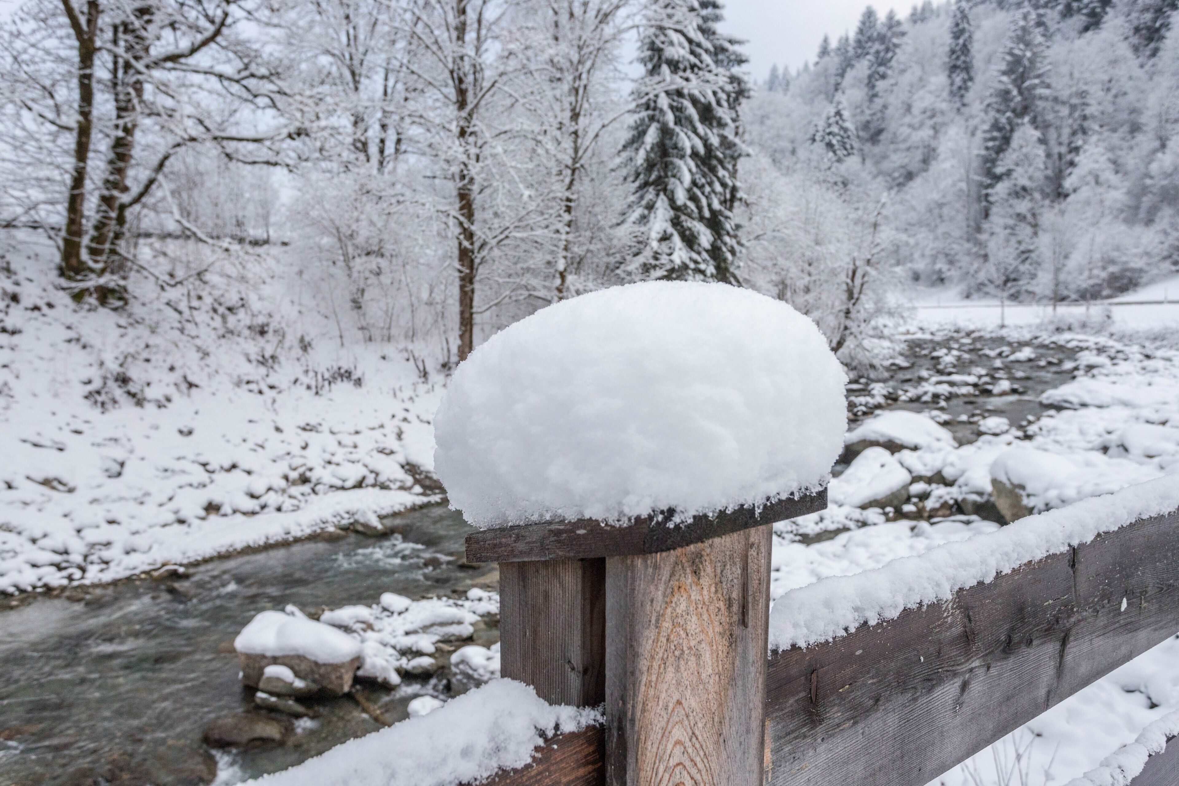 Una valla de madera con un poste cubierto de nieve.