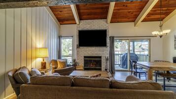 Smart TV, fireplace, DVD player, foosball